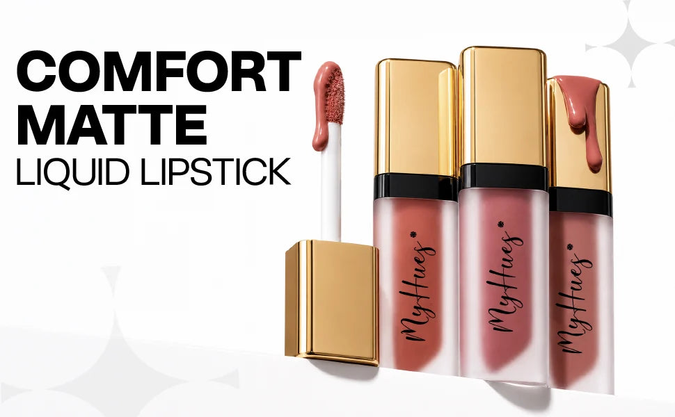 MyHues Lip Comfort Matte Liquid Lipstick range with frosted lipstick tubes, gold caps and doe-foot applicator – comfortable, transfer-proof and long-lasting matte liquid lipsticks for Indian skin tones.