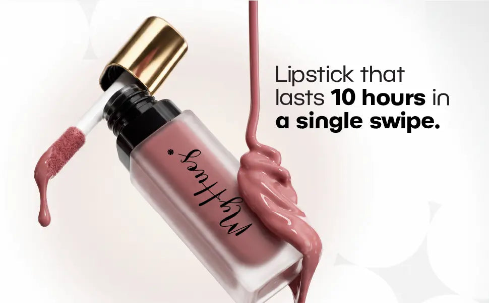 MyHues Lip Comfort Matte Liquid Lipstick with doe-foot applicator and creamy lipstick swatch, showing highly pigmented one-swipe colour and up to 10-hour wear for a long-lasting matte lip look.