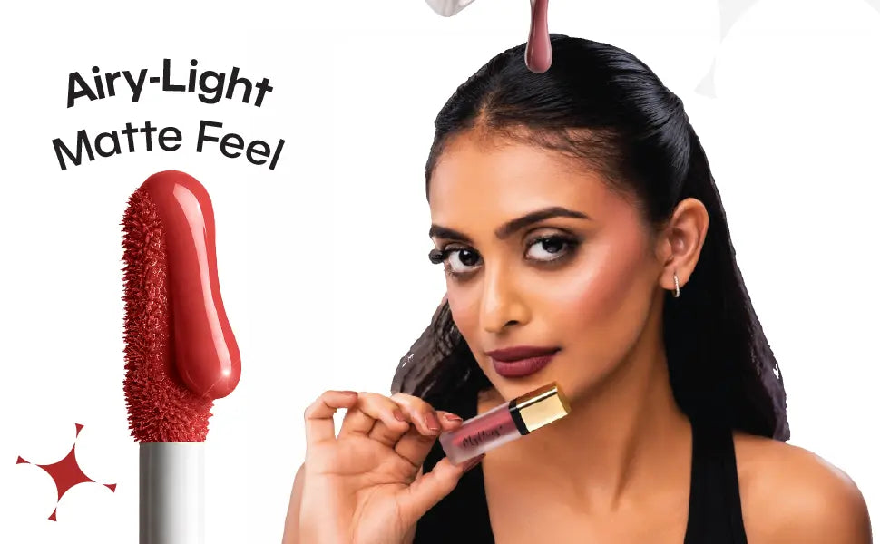 Indian woman wearing MyHues Lip Comfort Matte Liquid Lipstick with an airy-light matte finish, alongside the lipstick tube and doe-foot applicator – lightweight, comfortable matte lipstick designed for Indian skin tones.