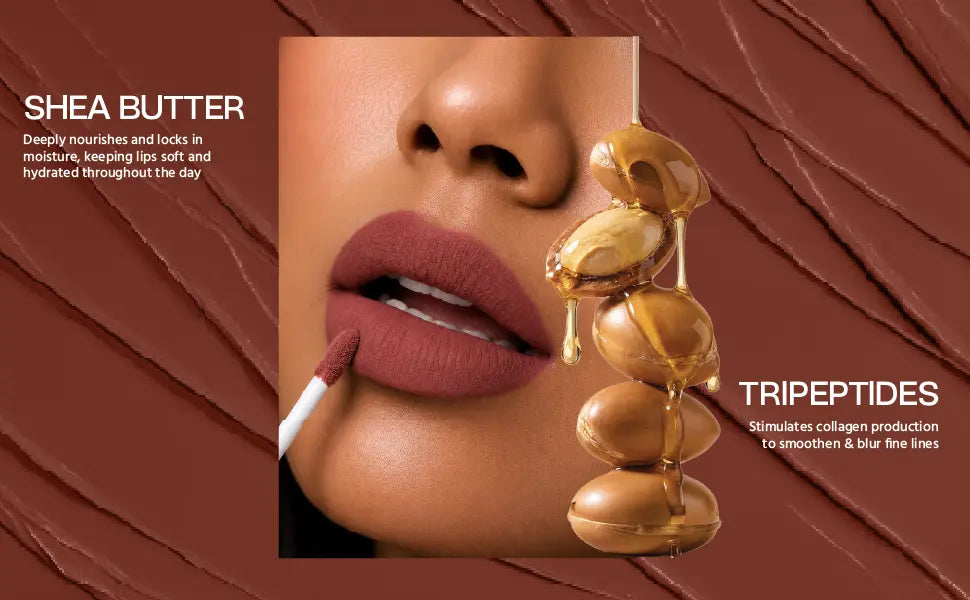 MyHues Lip Comfort Matte Liquid Lipstick enriched with Shea Butter and Tripeptides, shown on Indian lips with a soft matte finish – a comfortable, nourishing matte liquid lipstick formulated to keep lips feeling soft and smooth.