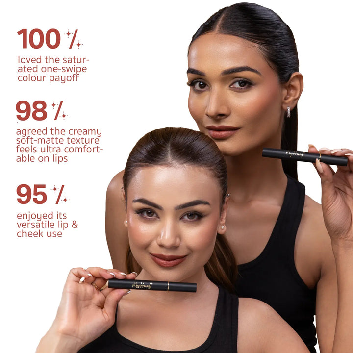 Two Indian models wearing MyHues Smudgestix Burfee, a warm nude brown lip and cheek stick with a soft matte finish. Consumer study highlights 100% loved the one-swipe colour payoff, 98% enjoyed the creamy comfortable texture, and 95% appreciated its versatile lip and cheek application.