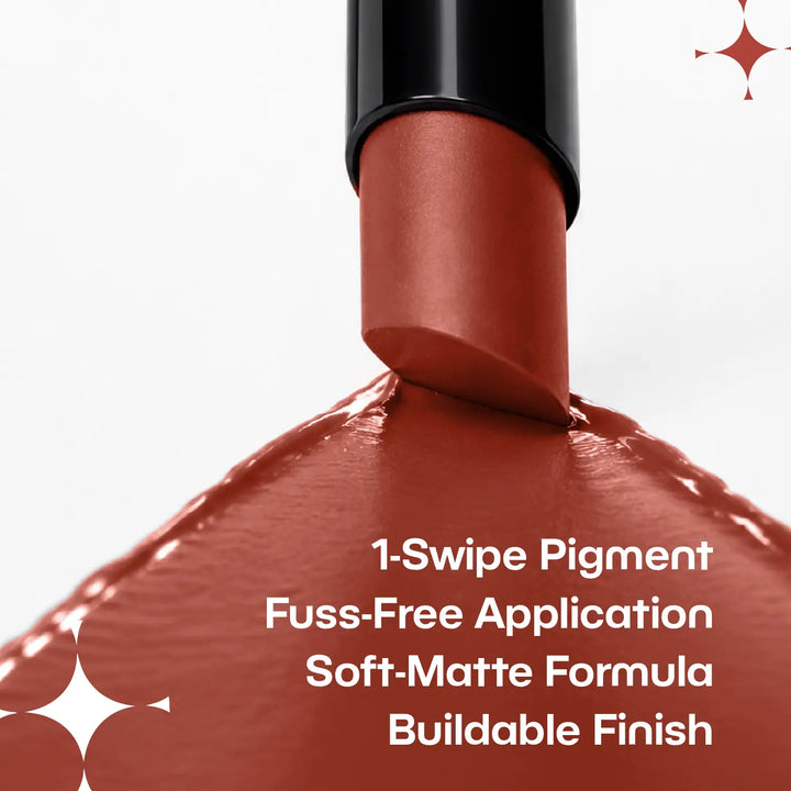 MyHues Smudgestix Burfee shade swatch featuring a warm nude brown soft matte lipstick with creamy, highly pigmented colour. Blendable lip and cheek stick created for Indian skin tones with comfortable all-day wear and natural-looking finish.