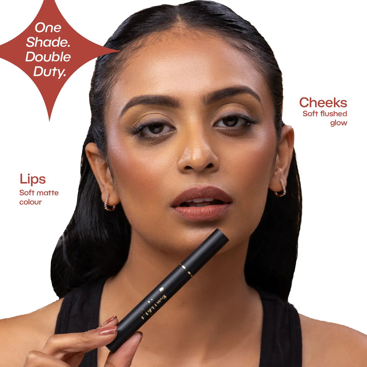 Indian model wearing MyHues Smudgestix Burfee as both lipstick and blush, demonstrating the versatile warm nude brown lip and cheek stick. Creamy soft matte formula blends seamlessly on cheeks while delivering comfortable, long-lasting colour on lips.