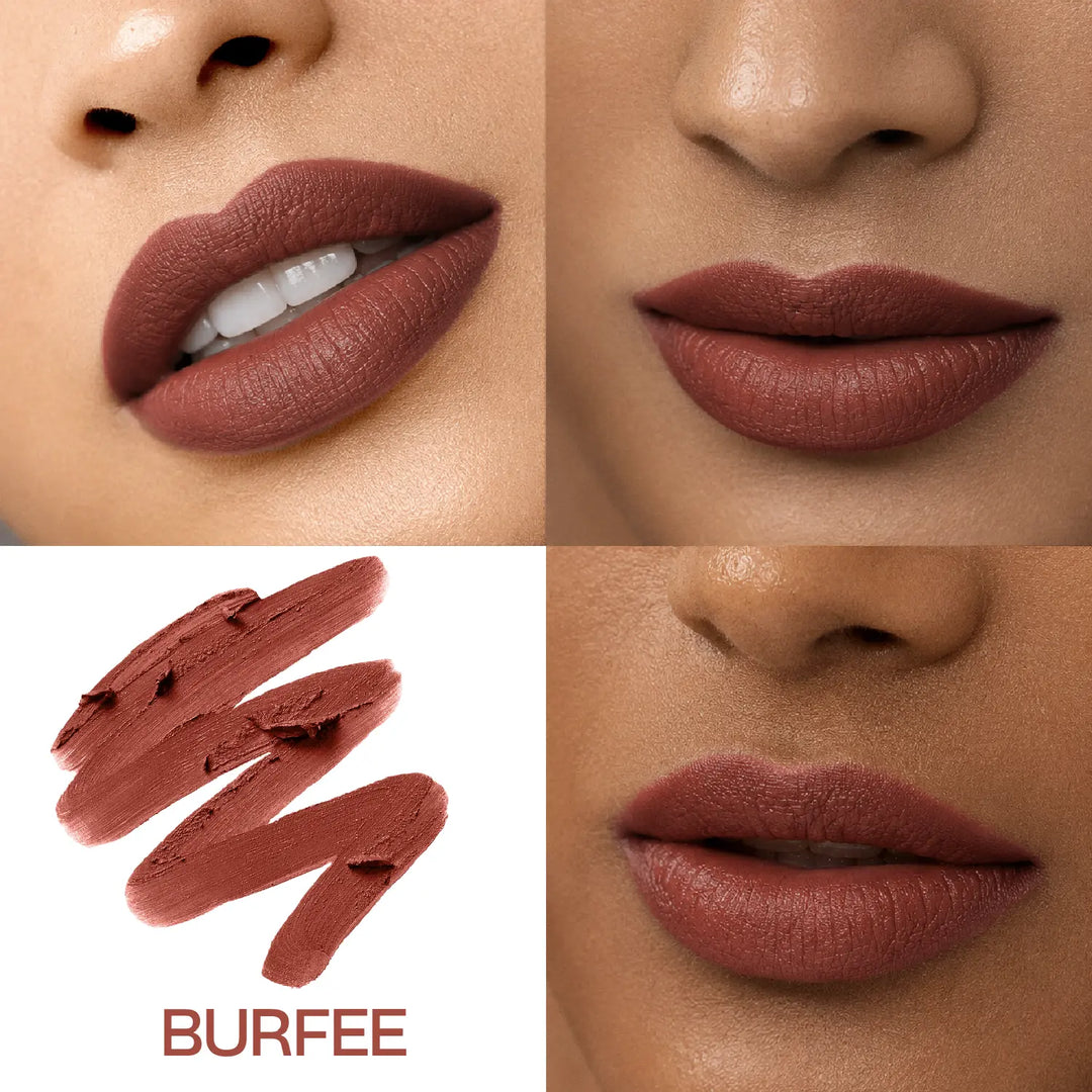 Close-up lip swatches of MyHues Smudgestix Burfee on fair and deep Indian skin tones with matching warm nude brown lipstick swatch. Soft matte formula delivers rich pigmentation, even coverage, and a flattering nude brown finish across multiple complexions.