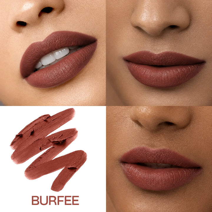 Close-up lip swatches of MyHues Smudgestix Burfee on fair and deep Indian skin tones with matching warm nude brown lipstick swatch. Soft matte formula delivers rich pigmentation, even coverage, and a flattering nude brown finish across multiple complexions.