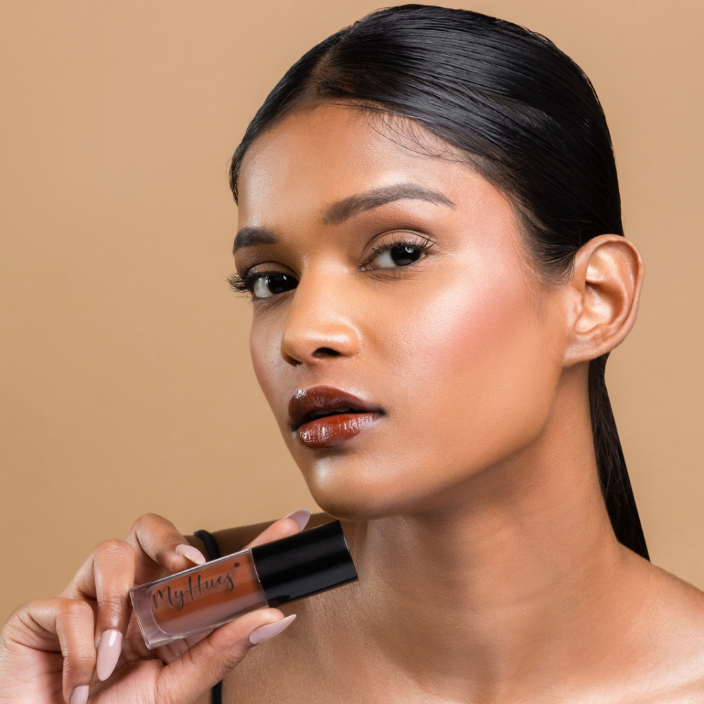MyHues HyGlow Lip Elixir - best caramel brown lip gloss for dusky skin tone india