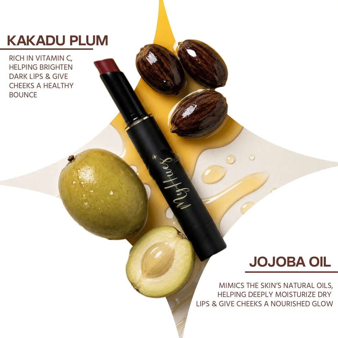 MyHues Smudgestix Jalebi deep warm brown lip and cheek stick enriched with Kakadu Plum and Jojoba Oil. Creamy soft matte lipstick and blush stick formulated with Vitamin C-rich Kakadu Plum to brighten lips and Jojoba Oil to deeply nourish dry lips and cheeks. Multitasking makeup created for Indian skin tones.