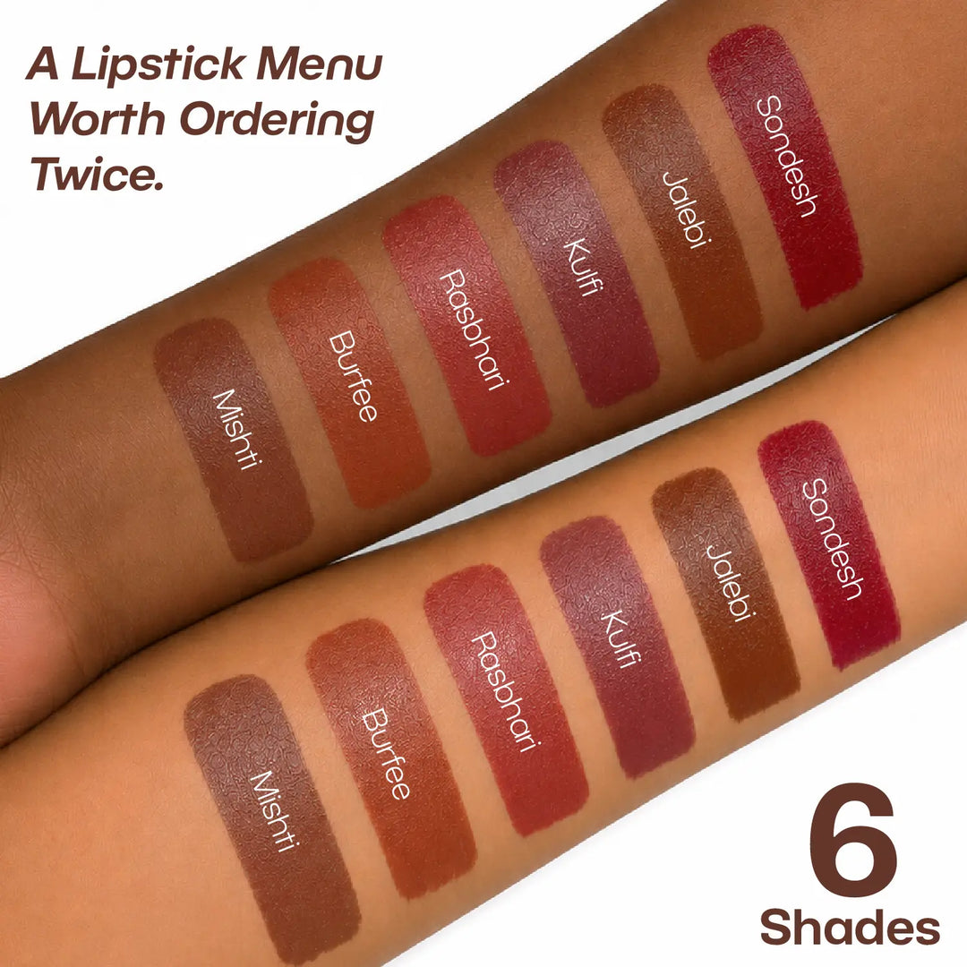 MyHues Smudgestix arm swatches featuring Mishti, Burfee, Rasbhari, Kulfi, Jalebi and Sondesh on light and deep Indian skin tones. Soft matte lip and cheek stick collection showcasing inclusive cool nude brown, warm nude brown, dusty nude pink, deep mauve, deep warm brown and burgundy shades designed for Indian complexions.