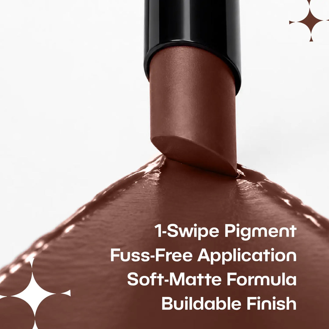 MyHues Smudgestix Jalebi shade swatch featuring a deep warm brown soft matte lipstick with creamy, highly pigmented colour. Blendable lip and cheek stick delivering smooth application, comfortable wear, and a rich chocolate brown finish for Indian skin tones.