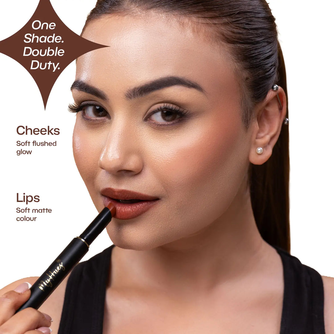 Indian model wearing MyHues Smudgestix Jalebi as both lipstick and blush, demonstrating the versatile deep warm brown lip and cheek stick. Creamy soft matte formula blends seamlessly on cheeks while providing comfortable, long-lasting colour on lips.