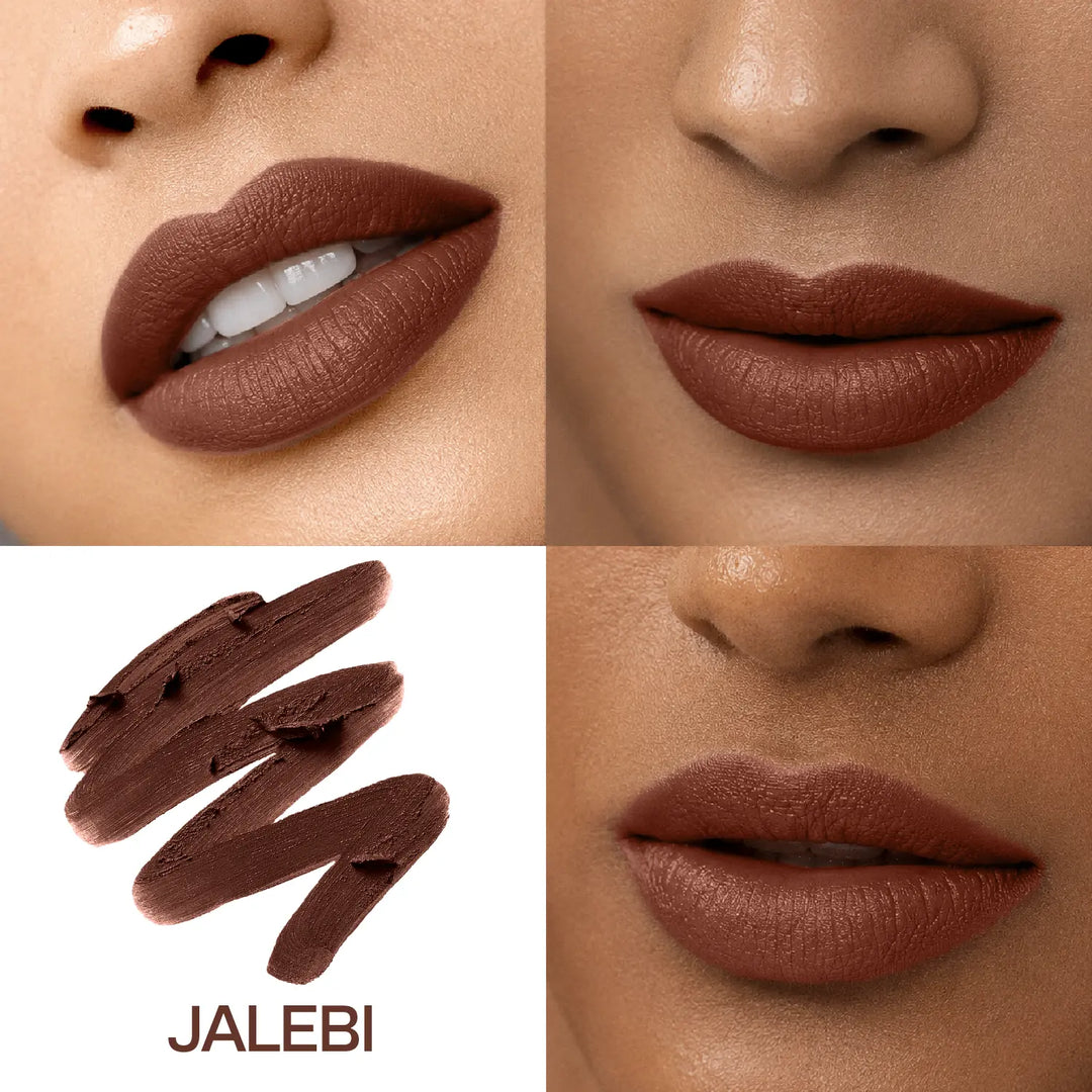 Close-up lip swatches of MyHues Smudgestix Jalebi on fair and deep Indian skin tones with matching deep warm brown lipstick swatch. Soft matte formula delivers rich pigmentation, even coverage, and a flattering brown finish across multiple Indian complexions.