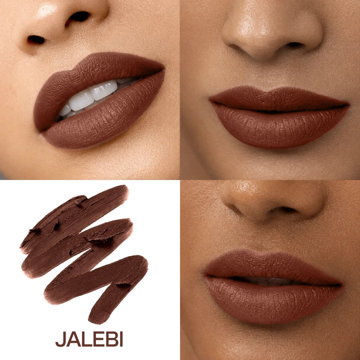 Close-up lip swatches of MyHues Smudgestix Jalebi on fair and deep Indian skin tones with matching deep warm brown lipstick swatch. Soft matte formula delivers rich pigmentation, even coverage, and a flattering brown finish across multiple Indian complexions.