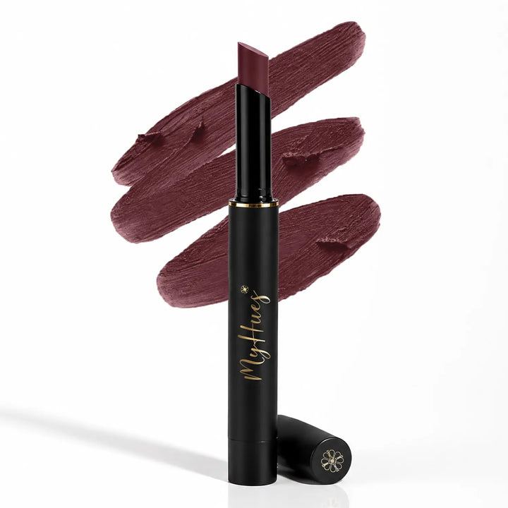 MyHues Smudgestix Kulfi deep mauve bullet lipstick displayed with creamy lipstick swatches in the background. Premium black and gold packaging highlighting a soft matte lip and cheek stick with rich pigmentation, smooth blendability, and comfortable all-day wear for Indian skin tones.