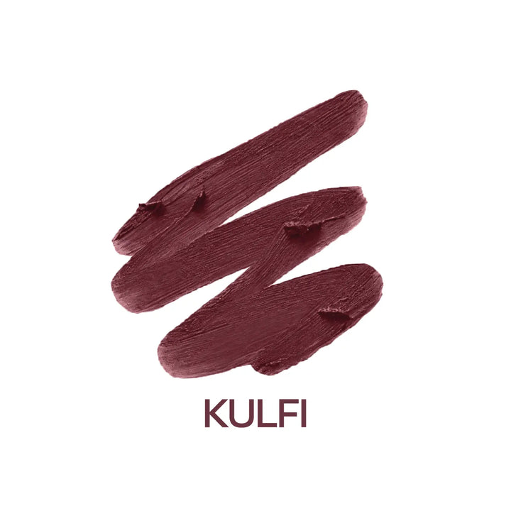 Macro close-up of MyHues Smudgestix Kulfi deep mauve lipstick gliding smoothly across rich creamy pigment. Soft matte bullet lipstick with one-swipe colour payoff, buildable coverage, effortless application, and a blendable formula for lips and cheeks.
