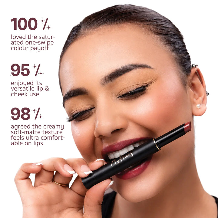 Two Indian models wearing MyHues Smudgestix Kulfi, a deep mauve soft matte lip and cheek stick. Consumer-tested results show 100% loved the one-swipe colour payoff, 98% praised the creamy comfortable texture, and 95% enjoyed its versatile application on lips and cheeks.