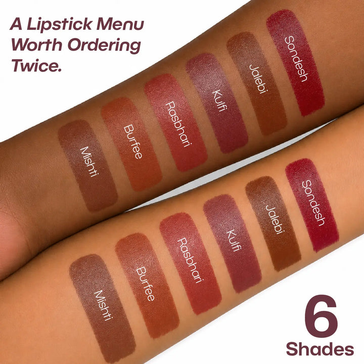 MyHues Smudgestix arm swatches featuring Mishti, Burfee, Rasbhari, Kulfi, Jalebi and Sondesh on light and deep Indian skin tones. Soft matte lip and cheek stick collection showcasing inclusive cool nude brown, warm nude brown, dusty nude pink, deep mauve, deep brown and burgundy shades designed for Indian complexions.