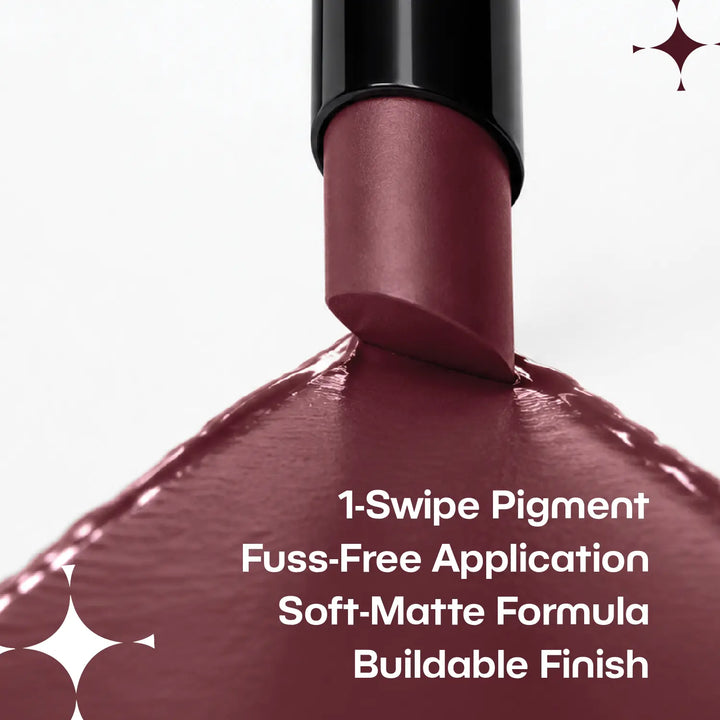 MyHues Smudgestix Kulfi shade swatch featuring a deep mauve soft matte lipstick with creamy, highly pigmented colour. Blendable lip and cheek stick delivering smooth application, comfortable wear, and a sophisticated mauve finish for Indian skin tones.