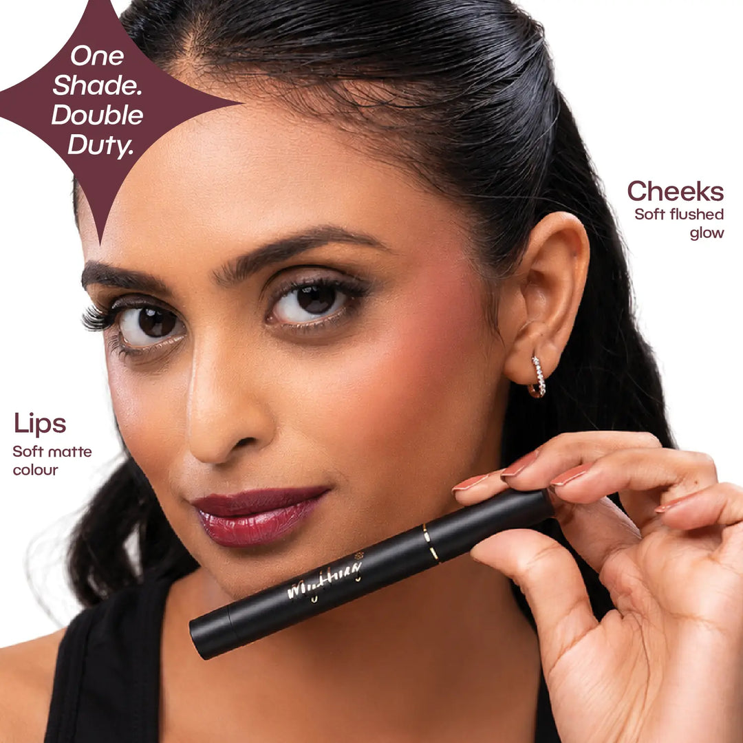 Indian model wearing MyHues Smudgestix Kulfi as both lipstick and blush, demonstrating the versatile deep mauve lip and cheek stick. Creamy soft matte formula blends seamlessly on cheeks while providing comfortable, long-lasting colour on lips.