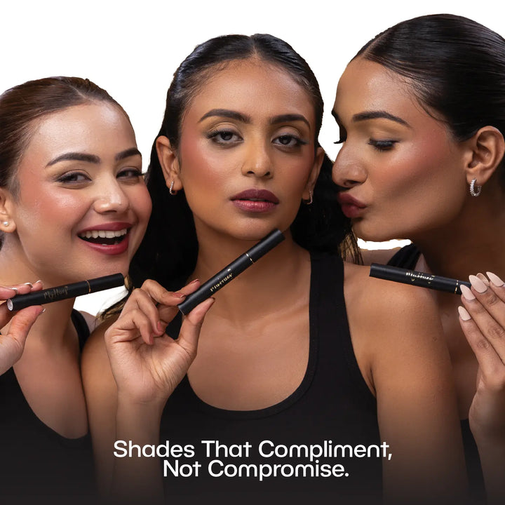 Three Indian models with fair, medium and deep skin tones showcasing MyHues Smudgestix Kulfi deep mauve lip and cheek stick. Soft matte multitasking makeup created to flatter diverse Indian skin tones with elegant mauve colour and rich pigmentation.