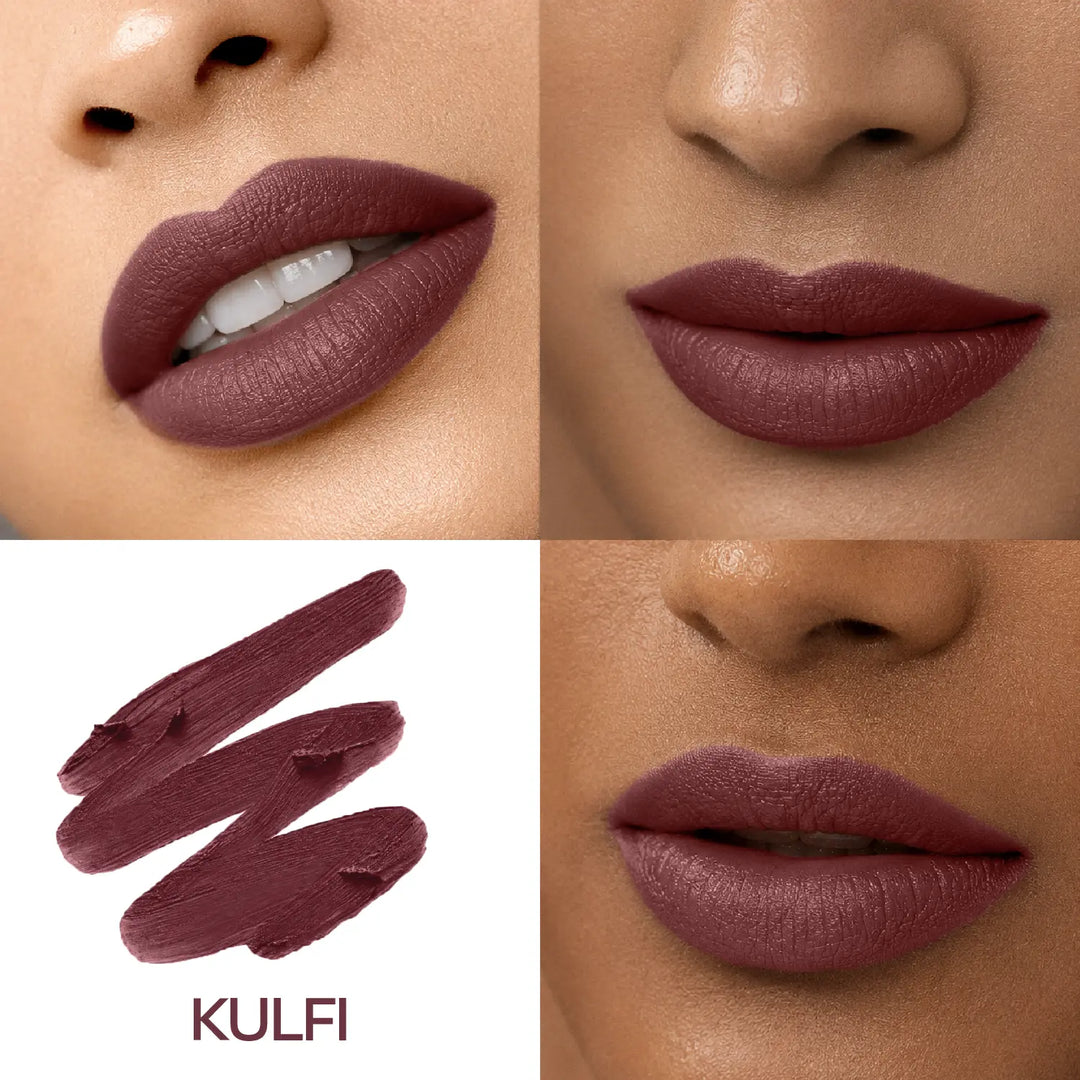 Close-up lip swatches of MyHues Smudgestix Kulfi on fair and deep Indian skin tones with matching deep mauve lipstick swatch. Soft matte formula delivers rich pigmentation, even coverage, and a flattering mauve finish across multiple Indian complexions.