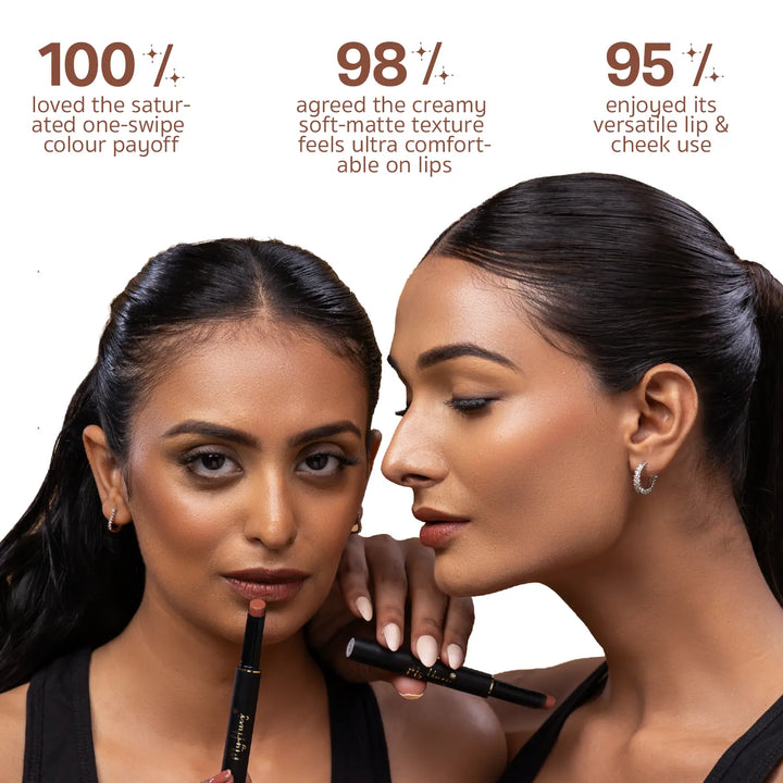 Two Indian models wearing MyHues Smudgestix Mishti, a cool nude brown soft matte lip and cheek stick. Consumer-tested results show 100% loved the one-swipe colour payoff, 98% praised the creamy comfortable texture, and 95% enjoyed its versatile application on lips and cheeks.