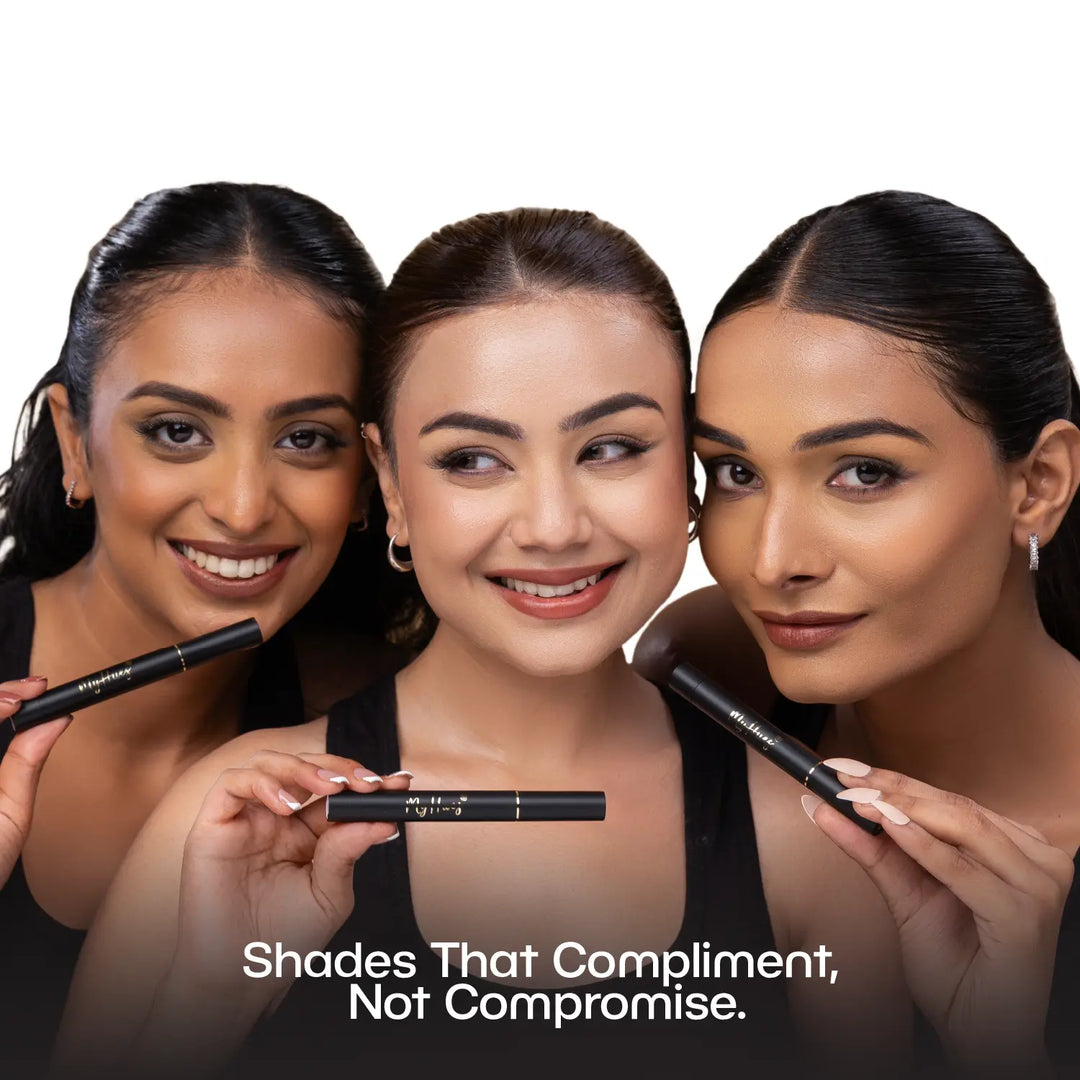 Three Indian models with fair, medium and deep skin tones holding MyHues Smudgestix Mishti cool nude brown lip and cheek stick. Soft matte multitasking makeup created to flatter diverse Indian skin tones with natural-looking nude brown colour.