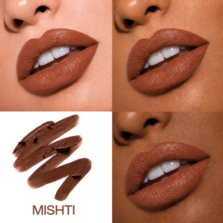 Close-up lip swatches of MyHues Smudgestix Mishti on fair and deep Indian skin tones with matching cool nude brown lipstick swatch. Soft matte formula delivers even coverage, rich pigmentation, and a flattering nude brown finish across multiple Indian complexions.