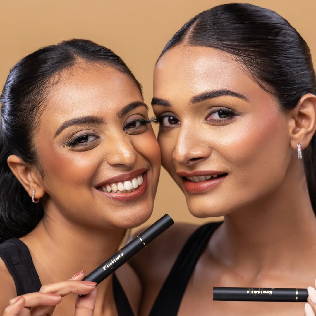 MyHues Colour Smudgestix Burfee warm nude brown lipstick for lips and cheeks swatched on medium and deep Indian skin tones, highly pigmented soft matte formula with smooth blendable texture and up to 6 hours comfortable wear
