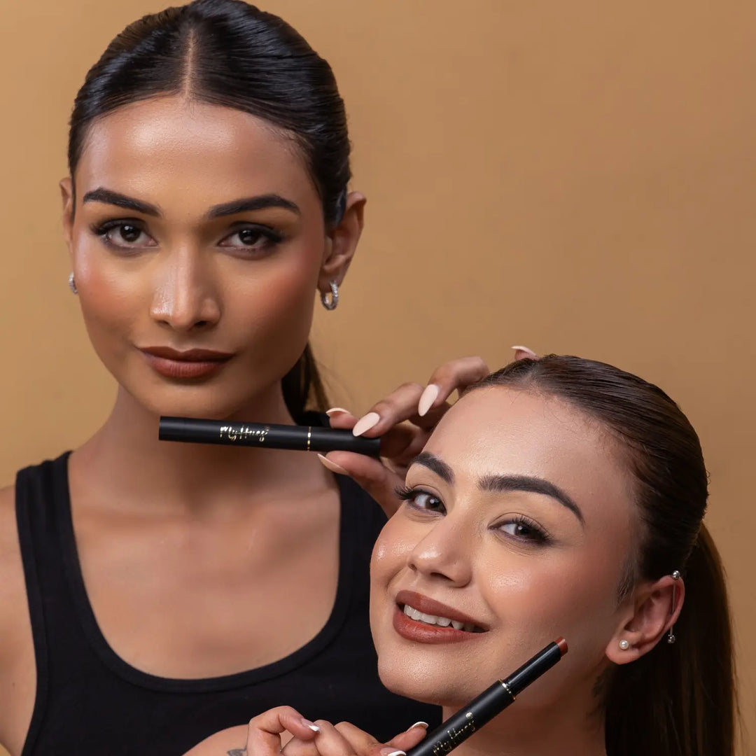 MyHues Colour Smudgestix lip and cheek soft matte lipstick brown lip shade on Indian skin tone