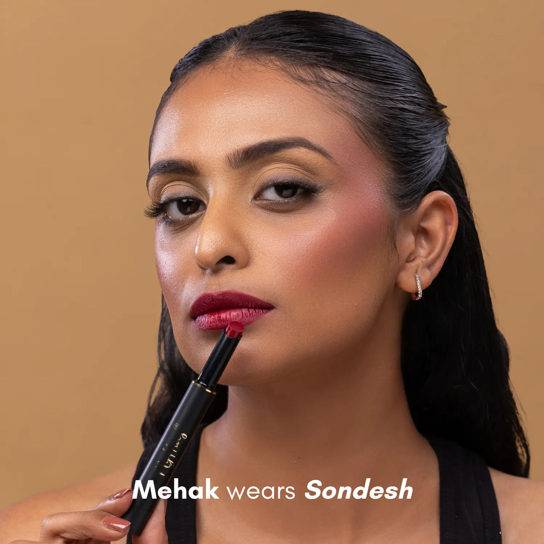 MyHues Colour Smudgestix in Sondesh – deep burgundy red lipstick and blush on dusky Indian skin tone, soft matte finish with rich pigmentation and smooth blendable texture