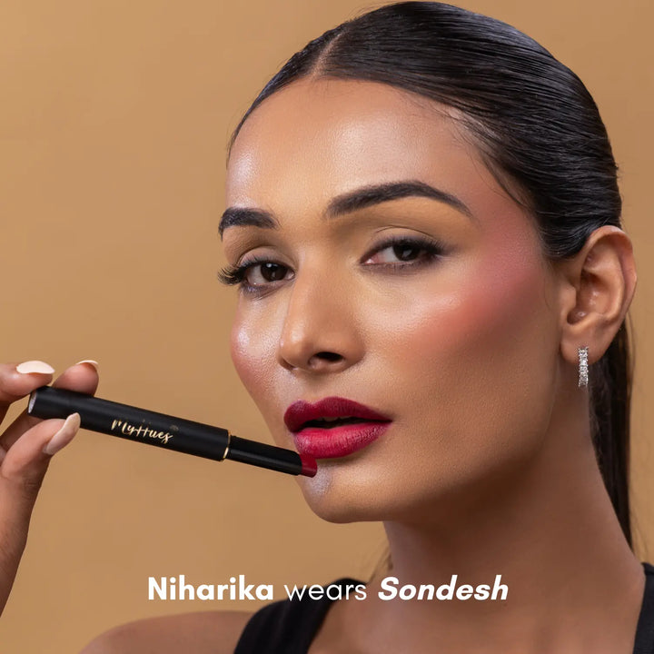 MyHues Colour Smudgestix in Sondesh – deep burgundy red lipstick and blush on medium Indian skin tone, soft matte finish with rich pigmentation and smooth blendable texture 