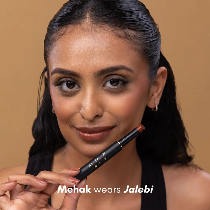 MyHues Colour Smudgestix in Jalebi – deep warm brown shade on lips and cheeks on deep Indian skin tone, soft matte finish with high pigmentation and comfortable even wear