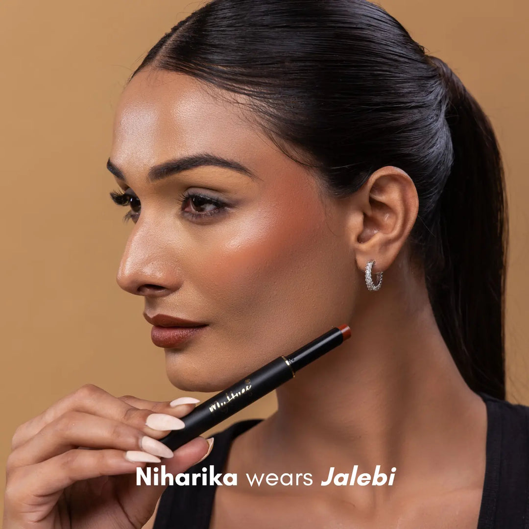 MyHues Colour Smudgestix in Jalebi – deep warm brown lipstick and blush on medium Indian skin tone, soft matte finish with rich pigmentation and smooth blendable texture