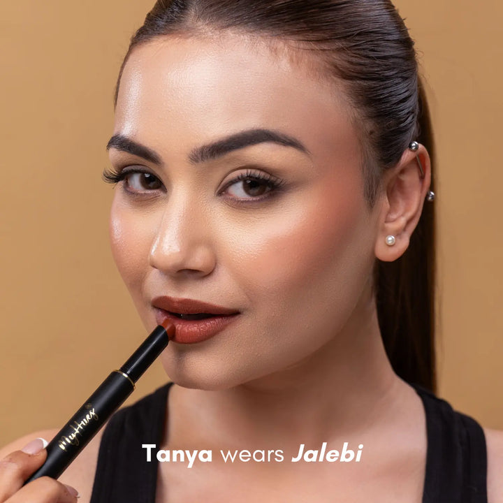 MyHues Colour Smudgestix in Jalebi – deep warm brown shade applied on lips and cheeks on fair Indian skin, soft matte finish with high pigmentation and comfortable long wear