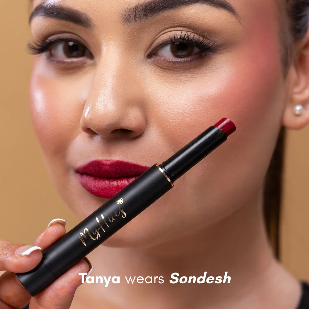 MyHues Colour Smudgestix in Sondesh – deep burgundy red shade applied on lips and cheeks on fair Indian skin, soft matte finish with high pigmentation and comfortable long wear