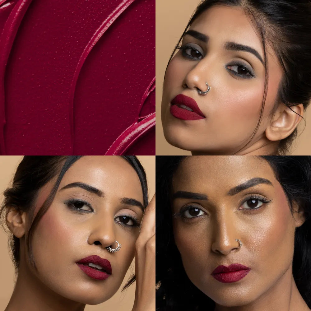 MyHues Comfort Matte Liquid Lipstick in Fuljhadi – deep burgundy red shade shown with creamy texture swatch and lip application on light, medium, and deep Indian skin tones, soft matte finish with rich intense pigmentation