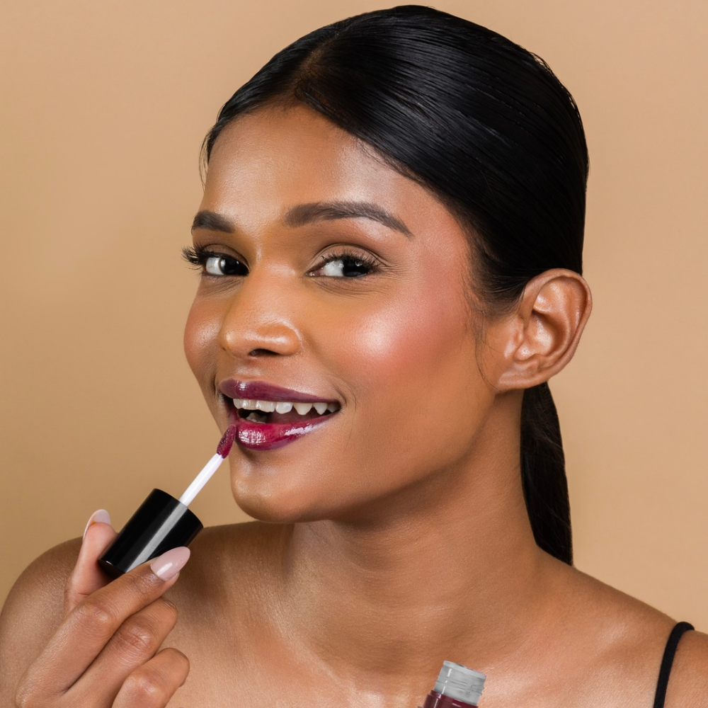 MyHues HyGlow Lip Elixir - best Burgundy red lip gloss for dusky Indian skin tone