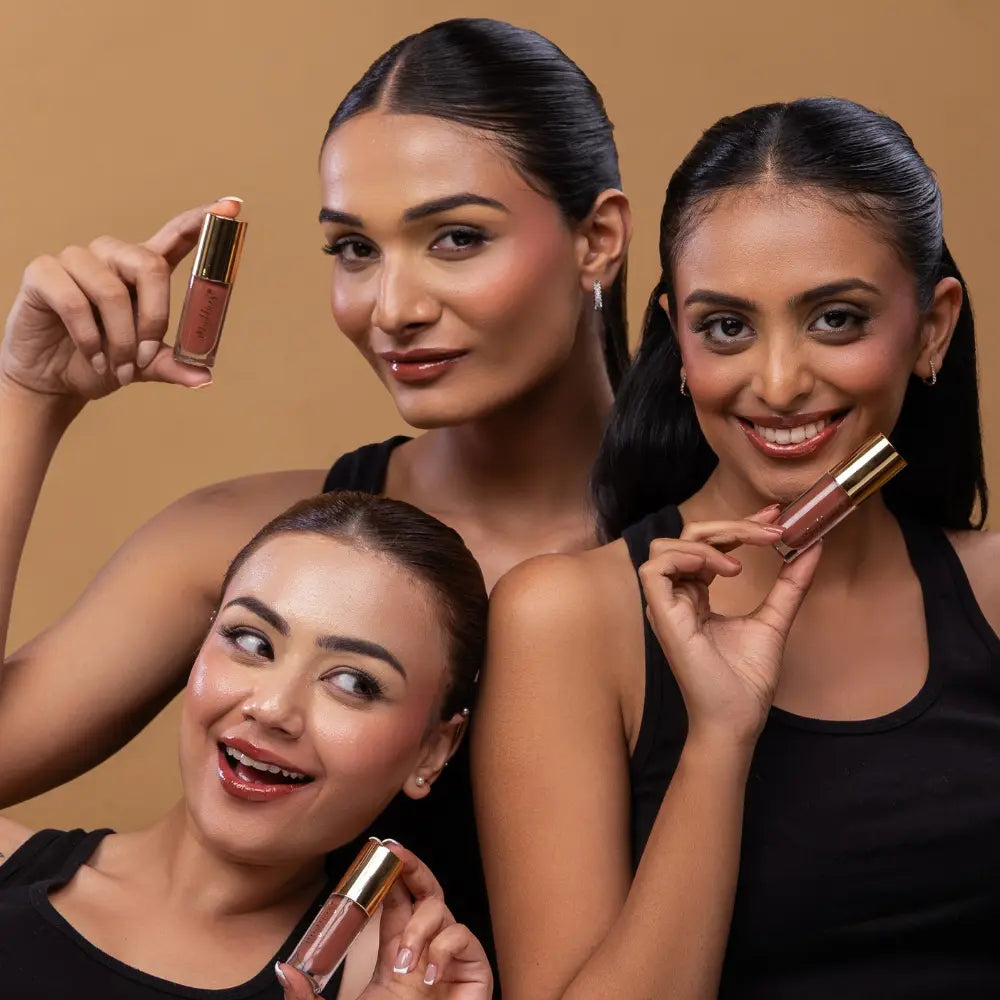 MyHues HyGlow Lip Elixir in Heer – nude brown lip gloss shown on fair, medium and deep Indian skin tones, high shine hydrating lip gloss with rich pigmentation and smooth non sticky glossy finish
