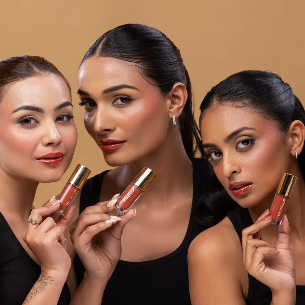 MyHues HyGlow Lip Elixir in Diya – terracotta brown lip gloss shown on fair, medium and deep Indian skin tones, high shine hydrating lip gloss with rich pigmentation and smooth non sticky glossy finish