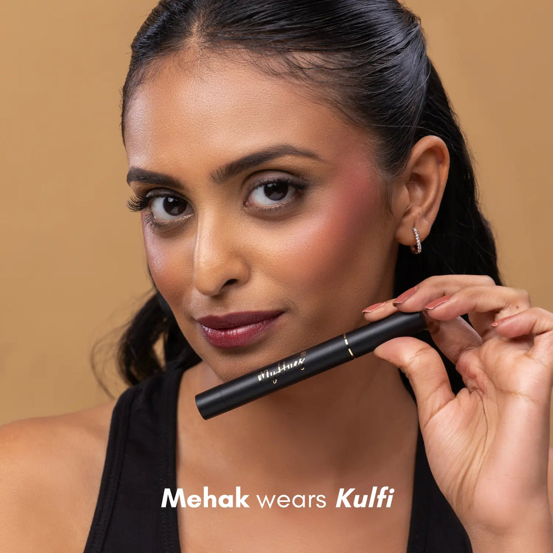 MyHues Colour Smudgestix in Kulfi Deep skin tone – deep mauve shade on lips and cheeks on deep Indian skin tone, soft matte finish with high pigmentation and comfortable even wear


