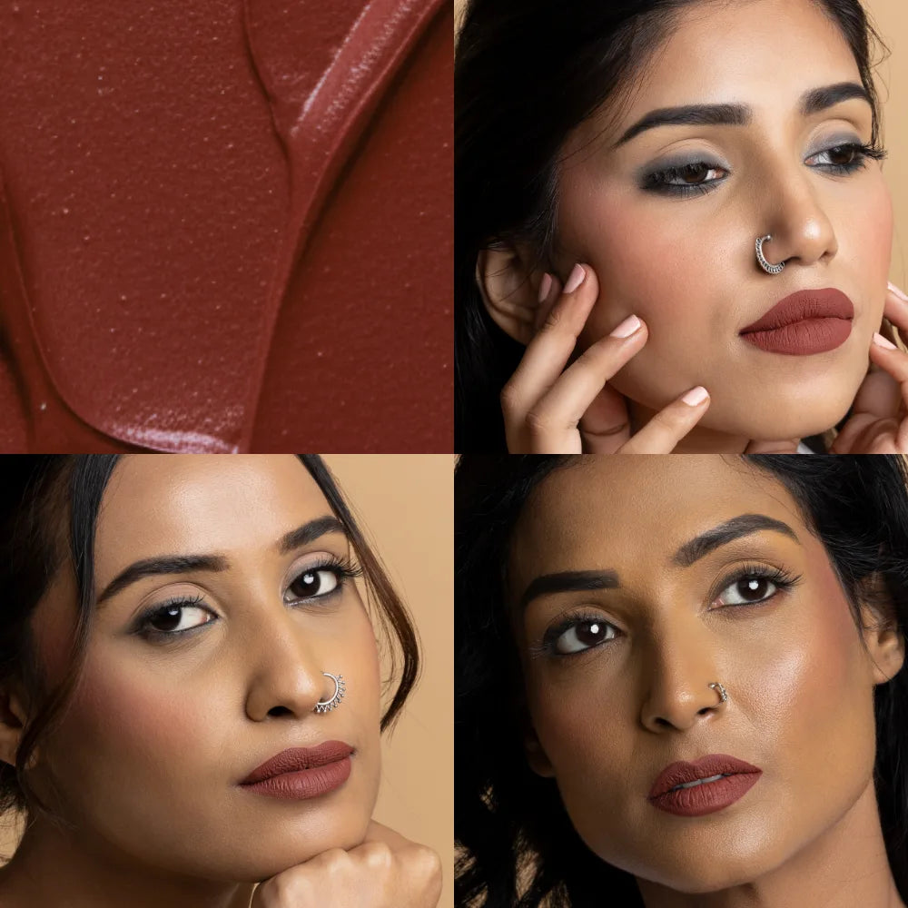 MyHues Comfort Matte Liquid Lipstick in Chashni – warm brown shade shown with creamy texture swatch and lip application on light, medium, and deep Indian skin tones, soft matte finish with rich pigmentation