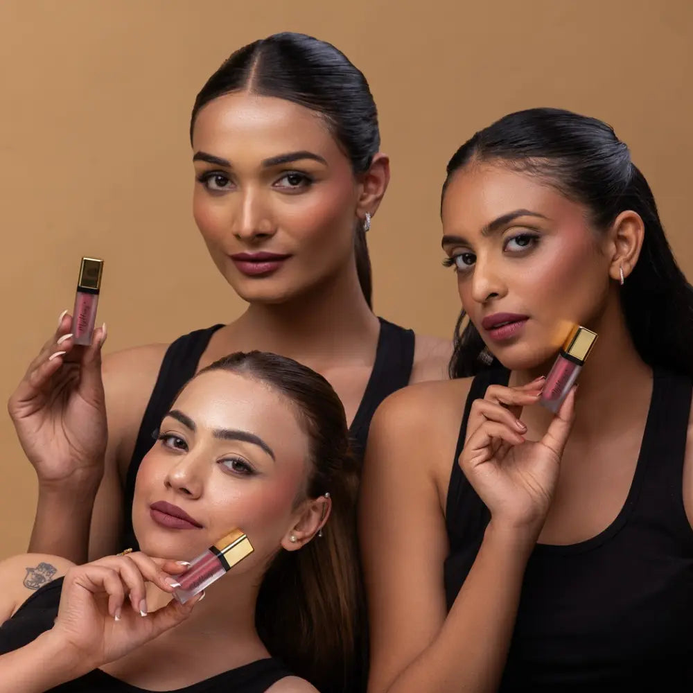 MyHues Gulkand berry pink liquid lipstick swatches on fair, medium and deep Indian skin tones, flattering muted rosy pink shade with long lasting transfer proof comfort matte formula for everyday wear