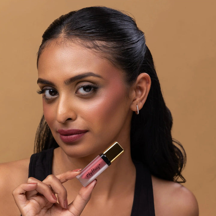 MyHues Gulkand berry pink liquid lipstick on deep Indian skin tone, rich muted berry pink shade that complements dusky complexions with long wear transfer proof comfort matte finish