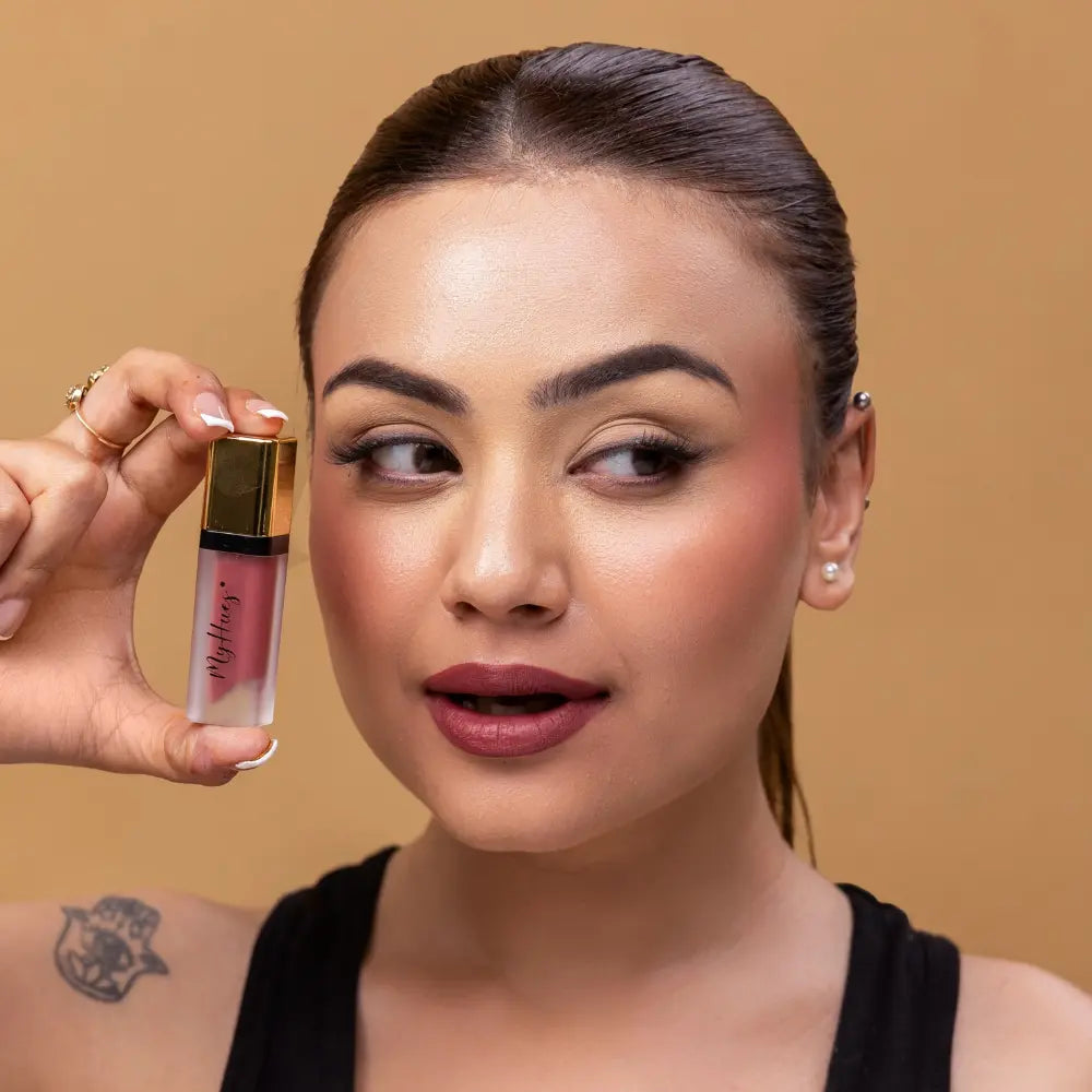 MyHues Lip Comfort Matte Liquid Lipstick in Gulkand berry pink shade on fair Indian skin tone, soft muted berry pink liquid lipstick with long lasting transfer proof comfort matte finish