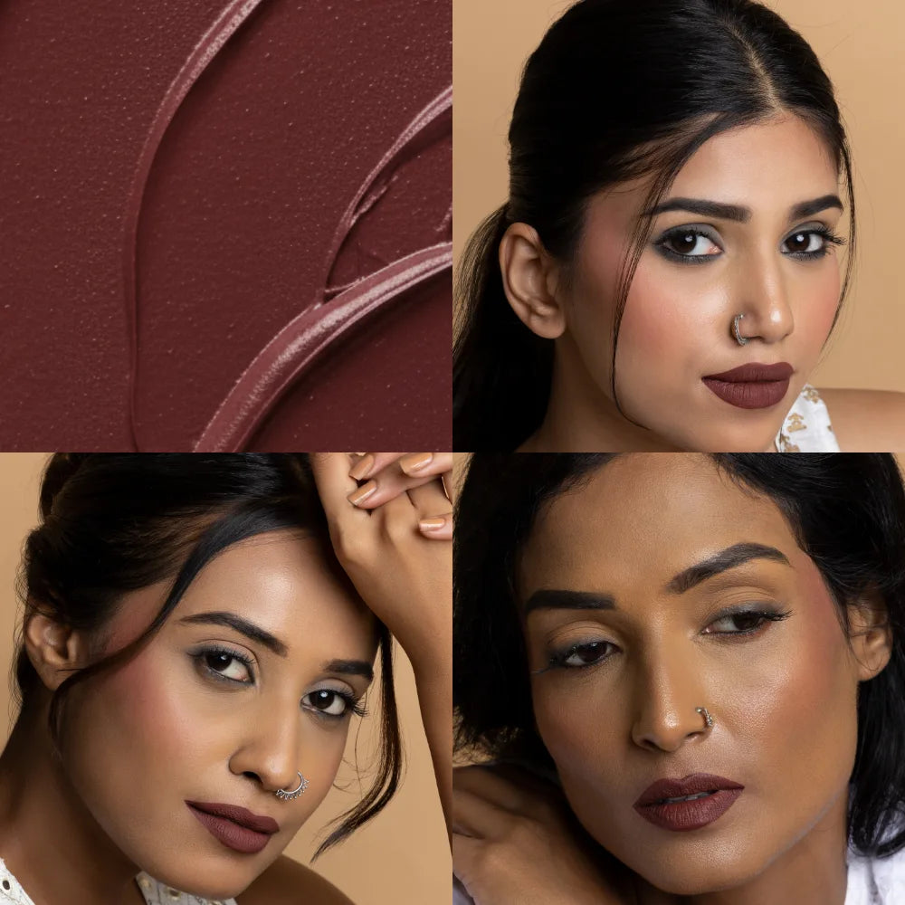 MyHues Comfort Matte Liquid Lipstick in Cutting Chai – true brown shade with subtle reddish undertones shown with creamy texture swatch and lip application on light, medium, and deep Indian skin tones, soft matte finish with rich even pigmentation