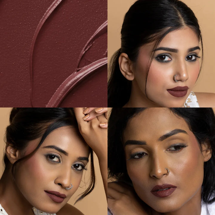 MyHues Comfort Matte Liquid Lipstick in Cutting Chai – true brown shade with subtle reddish undertones shown with creamy texture swatch and lip application on light, medium, and deep Indian skin tones, soft matte finish with rich even pigmentation