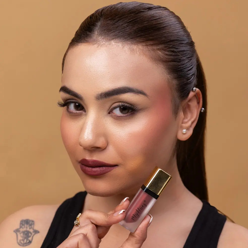 MyHues Lip Comfort Matte Liquid Lipstick in Kokum Sherbet mahogany brown shade on fair Indian skin tone, deep mahogany brown liquid lipstick with long lasting transfer proof comfort matte finish