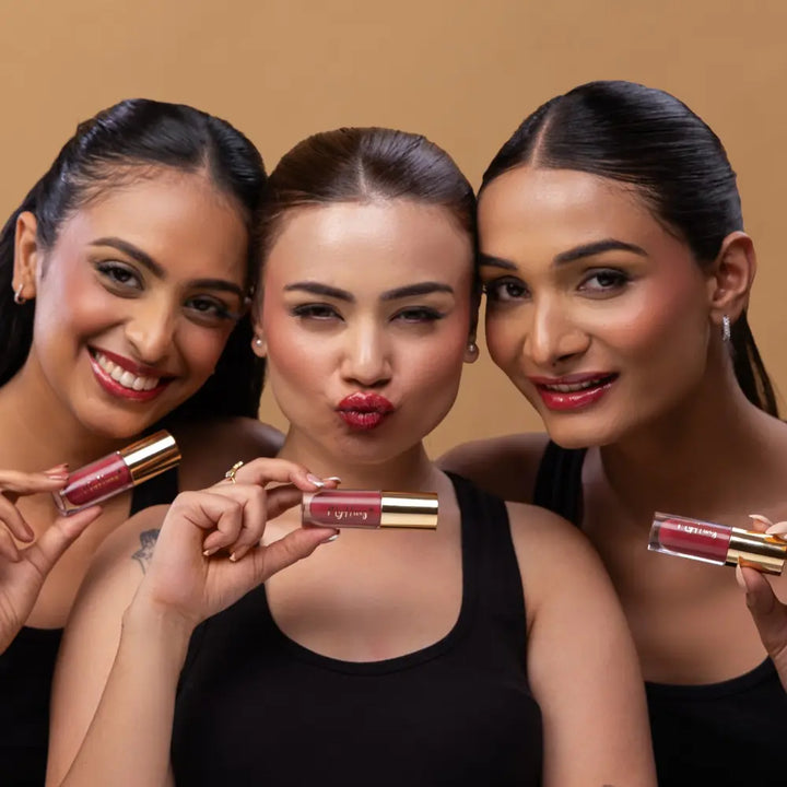 MyHues HyGlow Lip Elixir in Yana – pink lip gloss with red undertones shown on fair, medium and deep Indian skin tones, high shine hydrating lip gloss with rich pigmentation and smooth non sticky glossy finish
