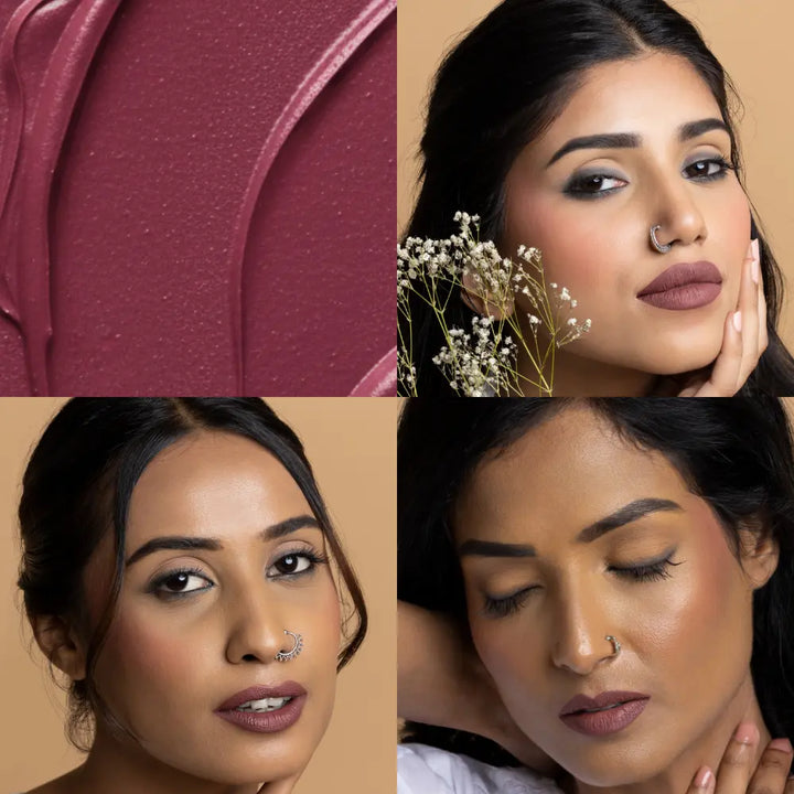 MyHues Comfort Matte Liquid Lipstick in Raani Sa – mauve lipstick shade shown with creamy texture swatch and lip application on light, medium, and deep Indian skin tones, soft matte finish with smooth even pigmentation