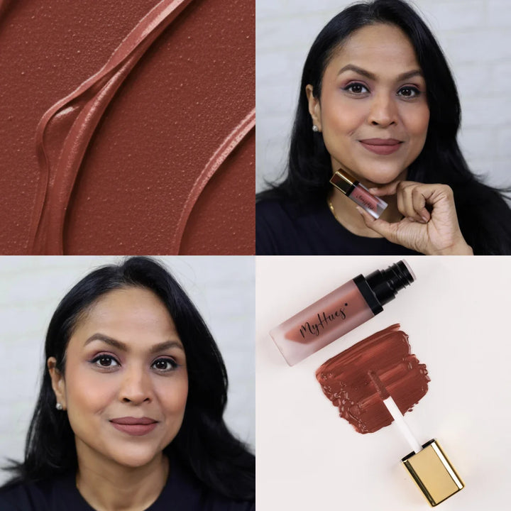 MyHues Comfort Matte Liquid Lipstick in Sehar – neutral nude brown shade designed for Indian skin tones, shown with creamy texture swatch and lip application on light, medium, and deep complexions, soft matte finish with smooth even pigmentation